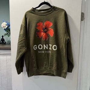 Men’s Crewneck Sweater Green Gonzo New York Hibiscus Flower Size L